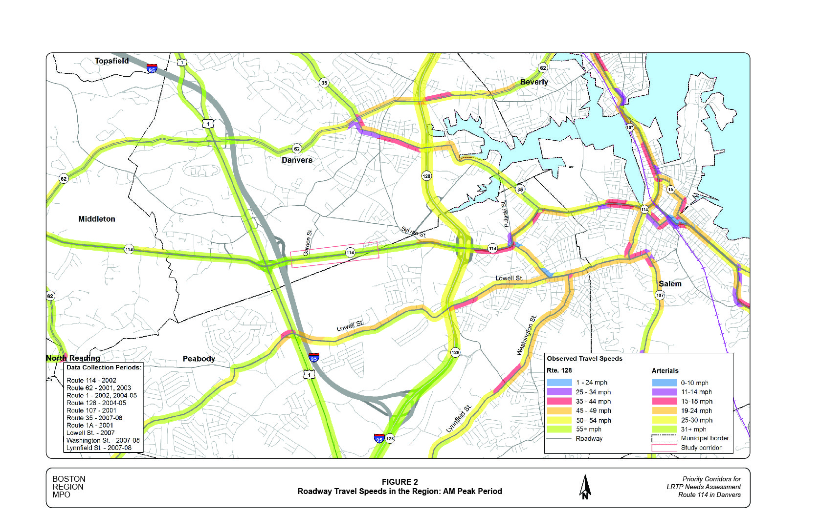 Figure 2 shows the average travel speeds in the AM peak period on Route 114 and other major roadways in the region.